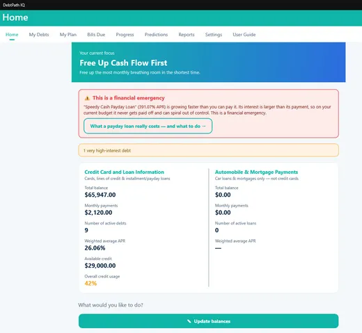 The DebtPath IQ™ Home screen showing a family's debts and their debt-free date