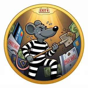 DebtDigger badge — the Rat Race Escape Plan rat in prison stripes, digging through a wall of past-due bills toward the EXIT sign