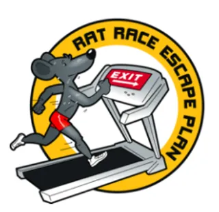 Rat Race Escape Plan logo — a rat running on a treadmill toward an EXIT sign