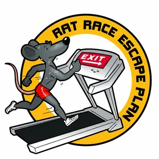 Rat Race Escape Plan logo — a rat running on a treadmill toward an EXIT sign